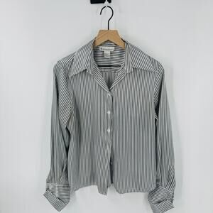 Vintage Dressbarn Satin Feel Button Down Blouse Navy Blue White Striped Size M